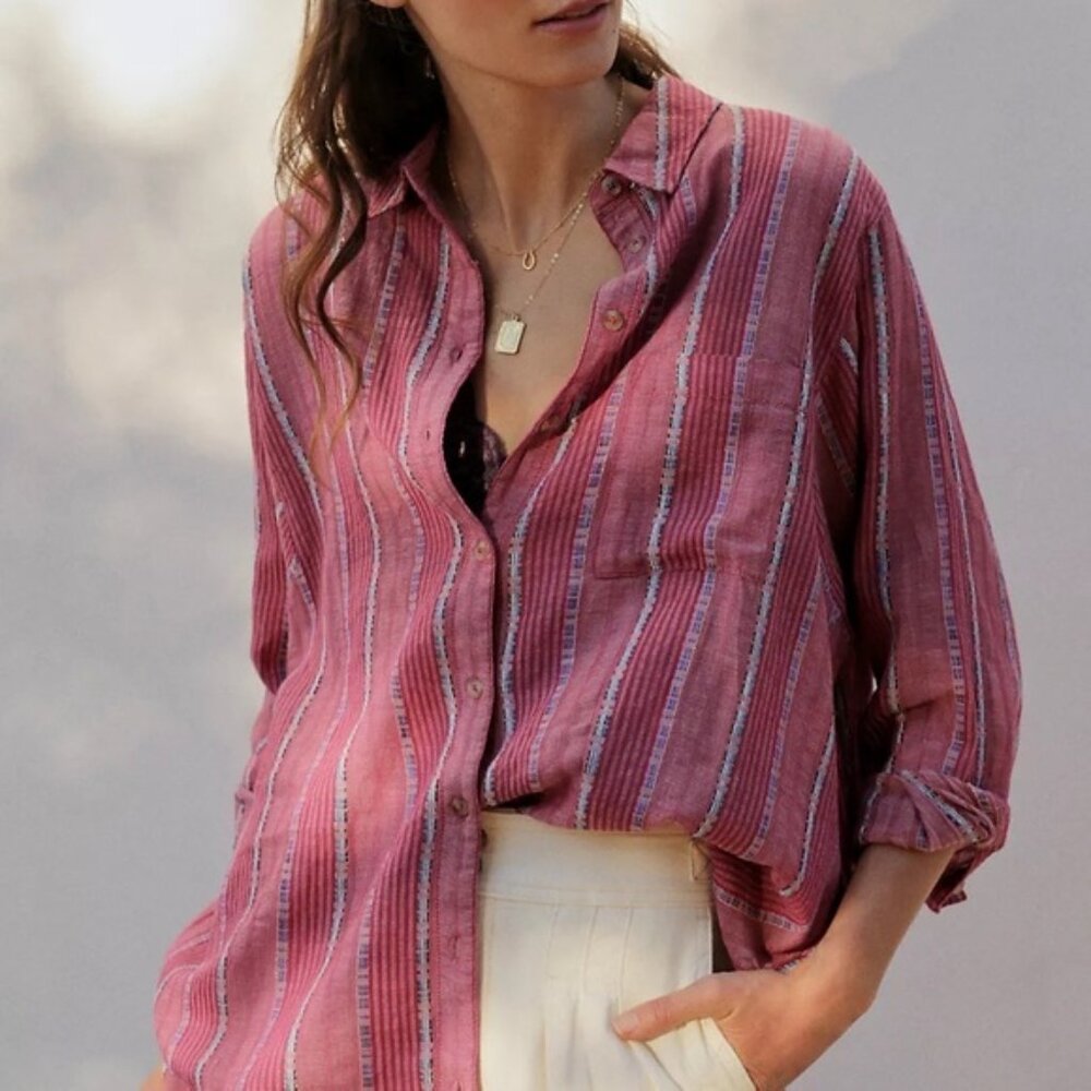 Anthropologie Pilcro magenta embroidered boyfriend button down blouse